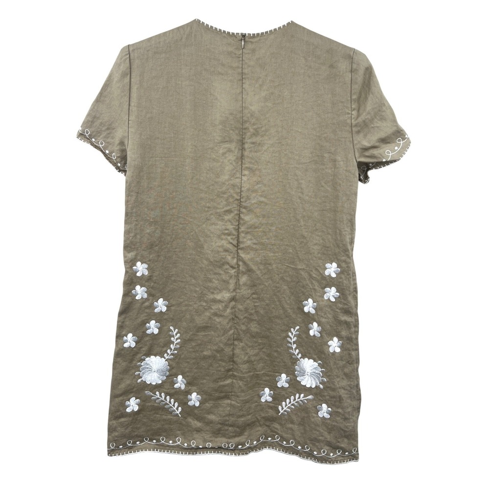 Zara Woman Linen Embroidered Mini Dress Womens M Olive‎ Green Floral Scalloped - Picture 3 of 9